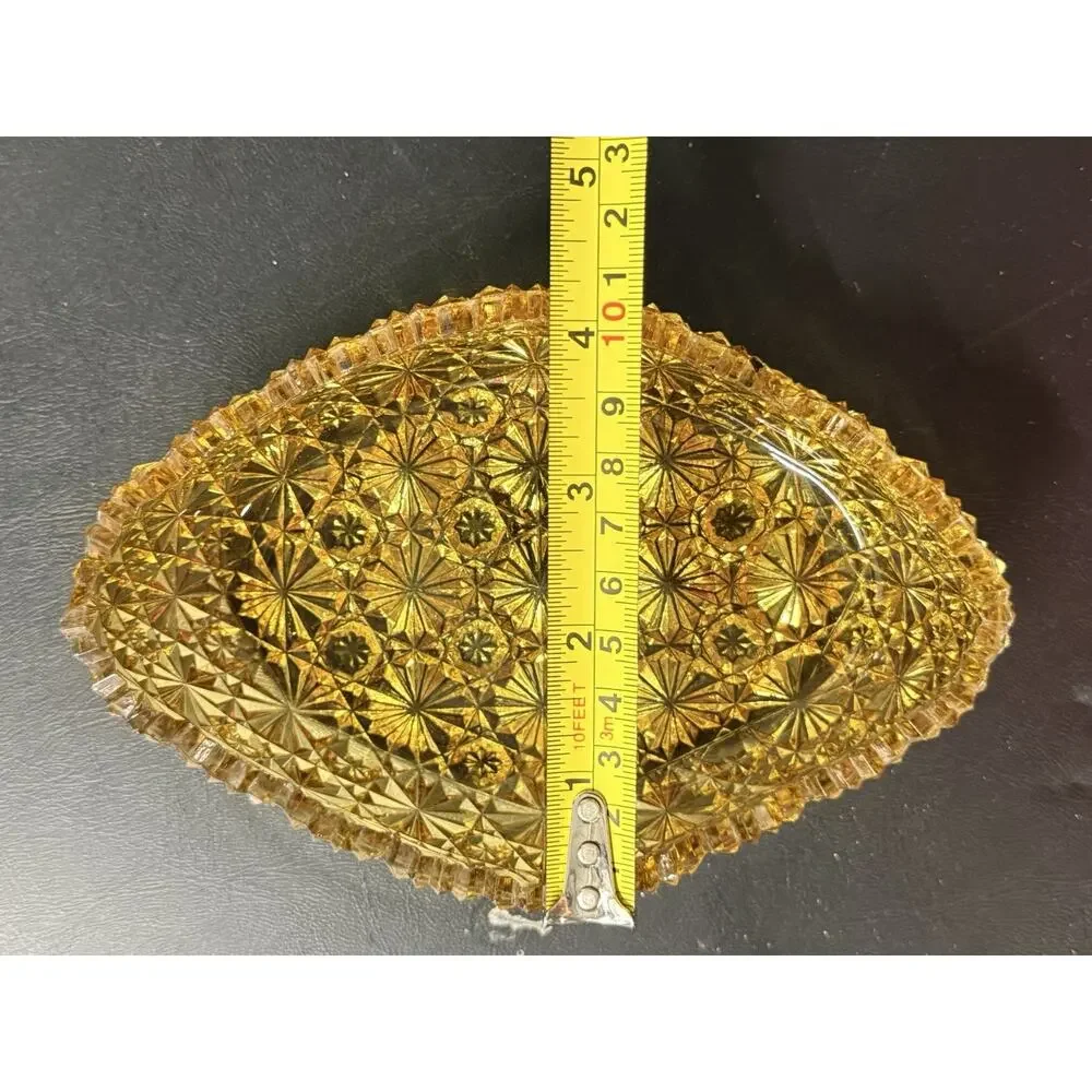 Vintage Amber Pressed Glass Oval Relish Dish Starburst Pattern